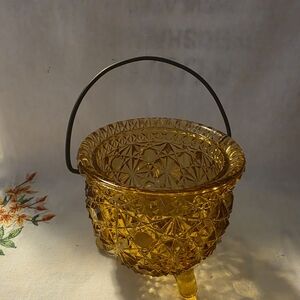 Vintage Amber Glass Daisy and Button patterned cauldron or "Witch's Pot"